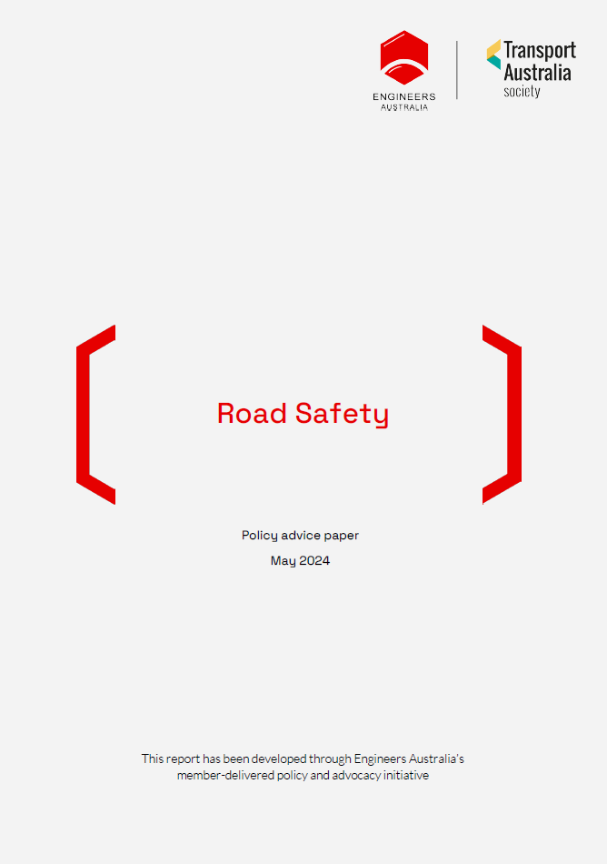 Grey background with red title, reading 'road safety',  in large red brakcets